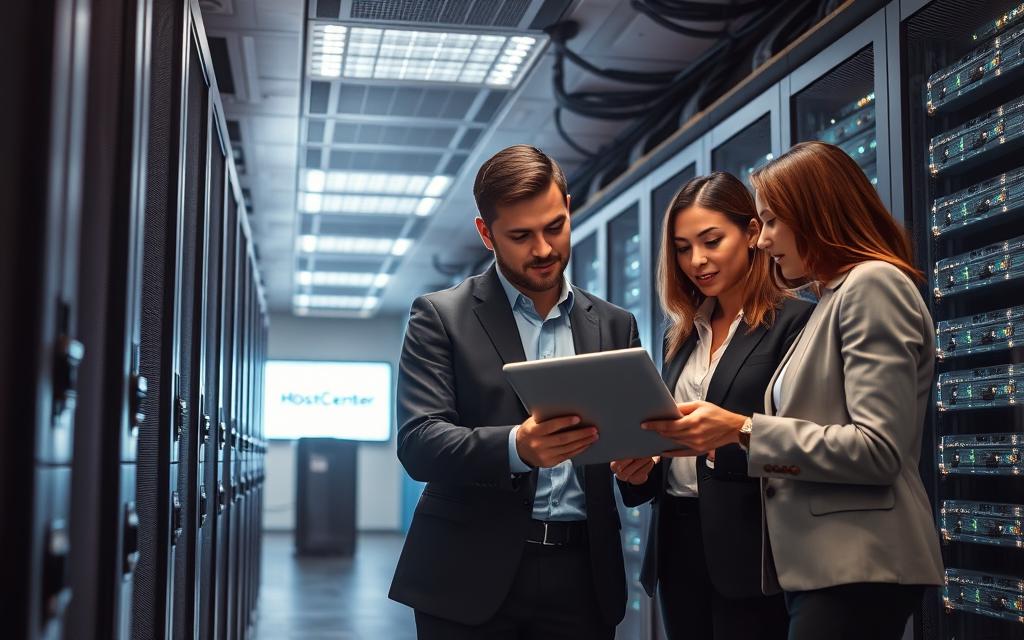A modern server room showcasing technical support for hosting companies, featuring a group of three professionals in business attire collaborating around a high-tech server rack branded with 