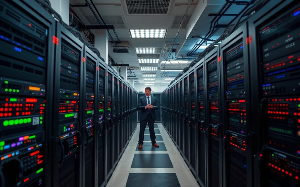 A professional server room at HostCenter, showcasing a complex infrastructure with VPS and dedicated servers. In the foreground, neatly arranged server racks with LED indicators, cables, and equipment displays vivid colors. In the middle ground, a technician in smart business attire is interacting with a server, demonstrating customer support. The background features rows of servers and cooling units, all under soft, ambient lighting that gives a high-tech feel. The angle is a slightly elevated view, capturing the depth of the room while focusing on the technician at work. The mood is focused and professional, reflecting the importance of effective customer service in a highly technical environment.
