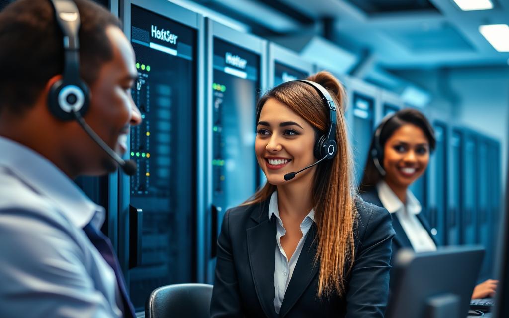 A professional server room showcasing a customer service scenario, featuring a diverse team of three customer service representatives dressed in smart business attire. The foreground includes a friendly woman assisting a client via a headset, while the middle ground showcases modern server racks labeled with 