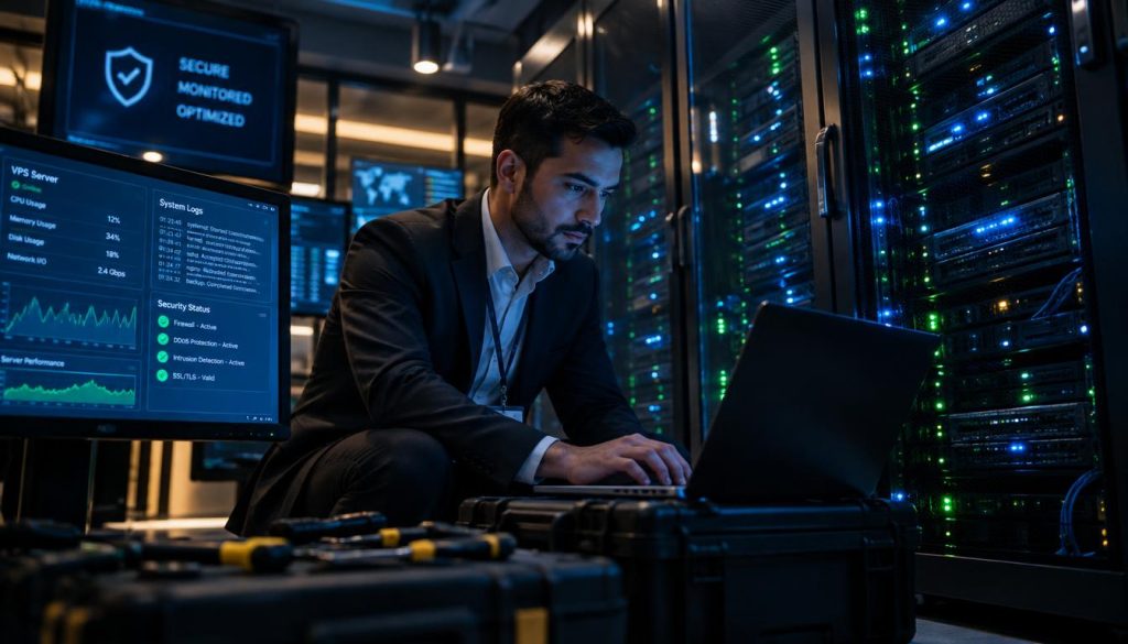 טכנאי של ספק האחסון מטפל בשרת VPS מנוהל בשעת לילה טכנאי של ספק האחסון מטפל בשרת VPS מנוהל בשעת לילה